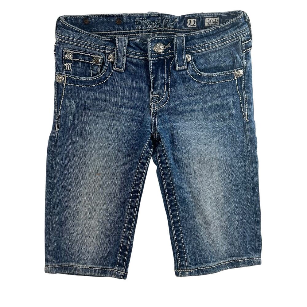 MISS ME Girls Sz 12 Bermuda Denim Jean Shorts‎ Mid Rise Bling Flap Pockets Long